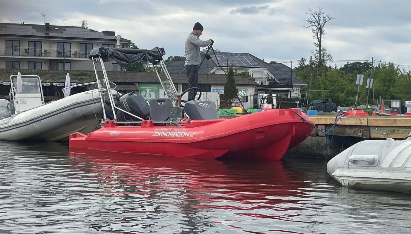 Motorówka John Dragon z boku - elegancka linia łodzi RIB na rzece Wisła